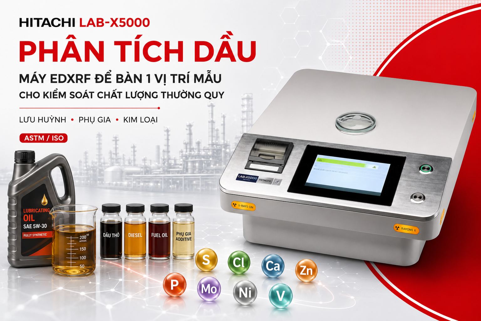 Hitachi LAB-X5000 – máy EDXRF để bàn một vị trí mẫu cho phân tích dầu và kiểm soát chất lượng thường quy.