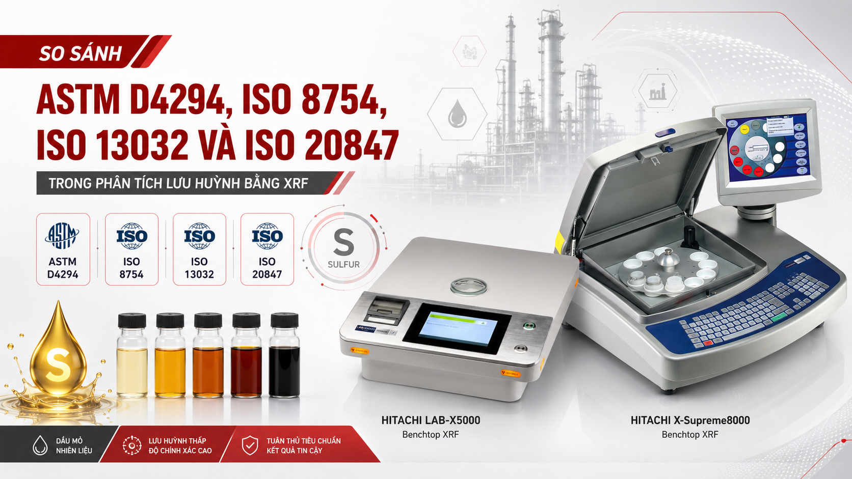 So sánh ASTM D4294, ISO 8754, ISO 13032 và ISO 20847 trong phân tích lưu huỳnh bằng XRF