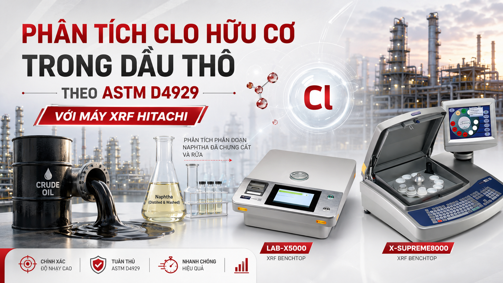 Phân tích clo hữu cơ trong dầu thô theo ASTM D4929 bằng XRF Hitachi