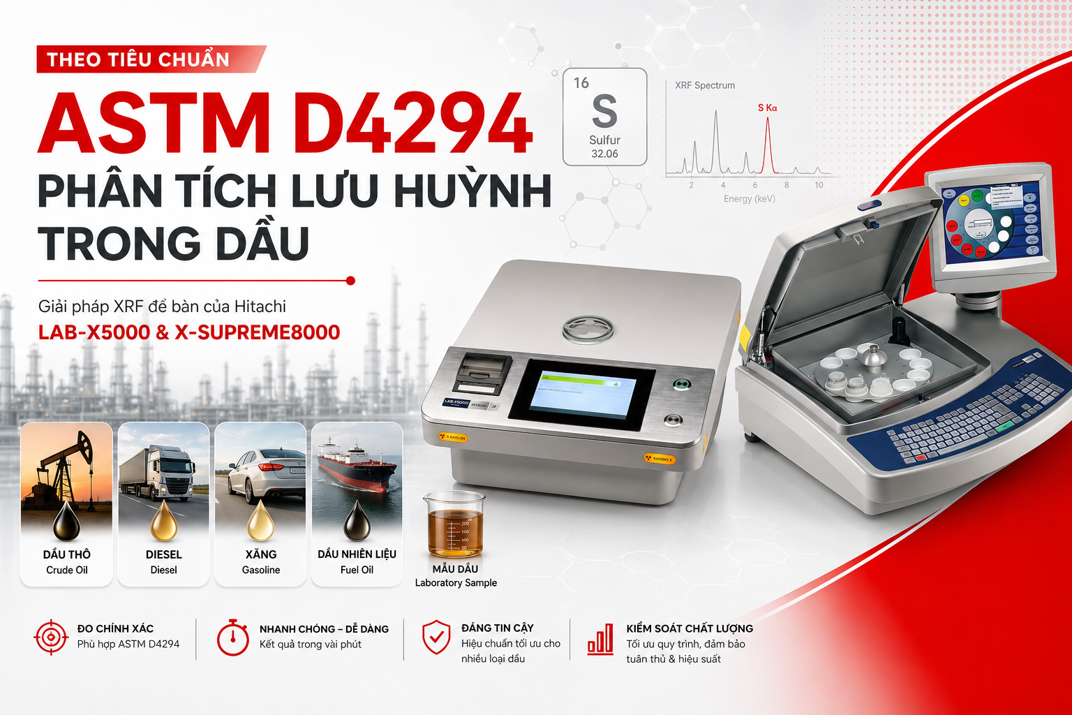 Phân tích lưu huỳnh trong dầu theo ASTM D4294 bằng máy XRF Hitachi